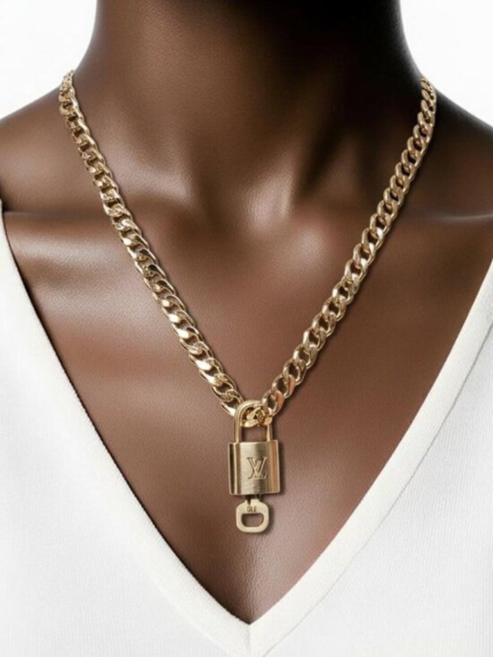 Authentic Louis Vuitton Padlock Gold Pendant with Fashion Cuban Plated Chain - Picture 2 of 12